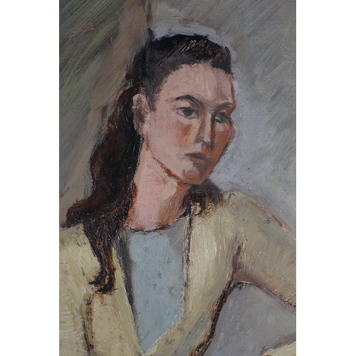 59 - British School, mid 20th century, Girl in yellow, three quarter portrait, oil on board, unsigned, 61... 