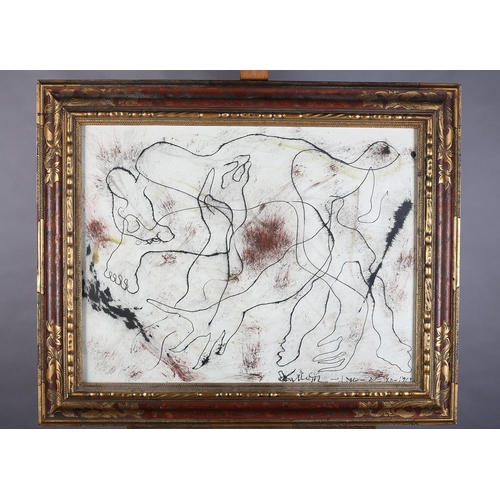 66 - French School, mid 20th century, Abstract, pen and pastel on paper, indistinctly signed and dated 19... 