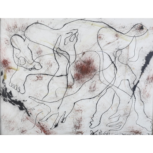 66 - French School, mid 20th century, Abstract, pen and pastel on paper, indistinctly signed and dated 19... 