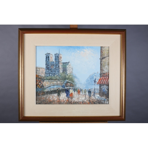 65 - Caroline C Burnett (1877-1950), Notre Dame, Paris, with blusting street scene, oil on canvas, signed... 