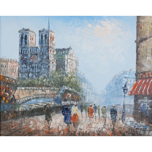 65 - Caroline C Burnett (1877-1950), Notre Dame, Paris, with blusting street scene, oil on canvas, signed... 