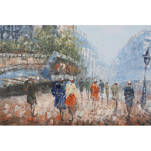 65 - Caroline C Burnett (1877-1950), Notre Dame, Paris, with blusting street scene, oil on canvas, signed... 