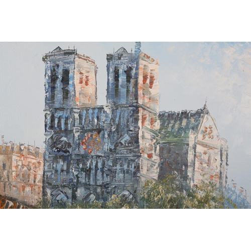 65 - Caroline C Burnett (1877-1950), Notre Dame, Paris, with blusting street scene, oil on canvas, signed... 