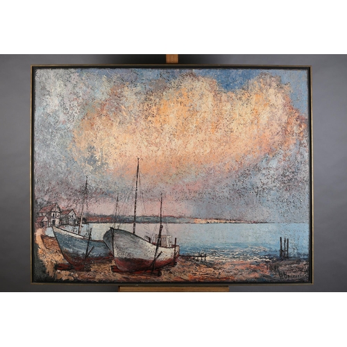 93 - ARR Harijs Upenieks Australian (1925-2007), Coastal landscape with beached fishing boats, oil on boa... 