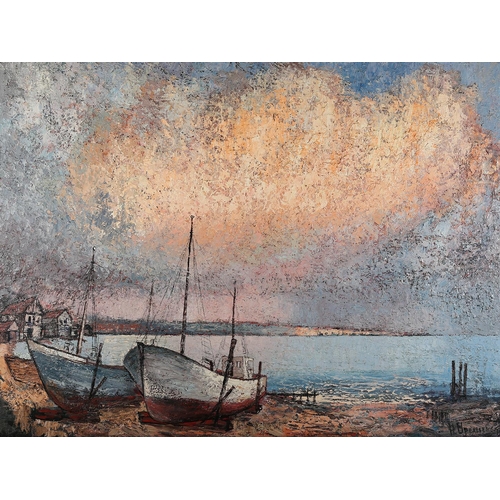 93 - ARR Harijs Upenieks Australian (1925-2007), Coastal landscape with beached fishing boats, oil on boa... 