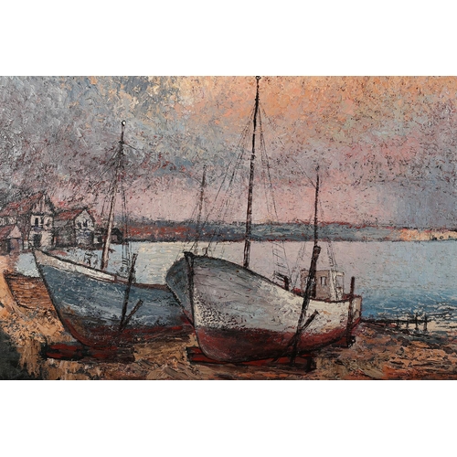 93 - ARR Harijs Upenieks Australian (1925-2007), Coastal landscape with beached fishing boats, oil on boa... 