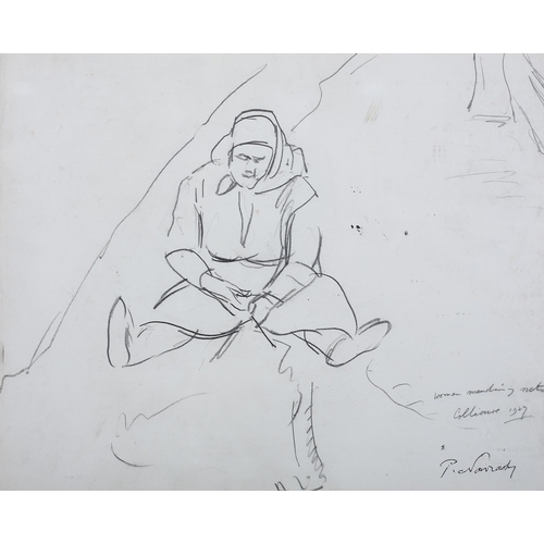 69 - ARR Philip Naviasky (1894-1983), 'Woman mending nets, Collioure 1927', charcoal sketch, titled and d... 