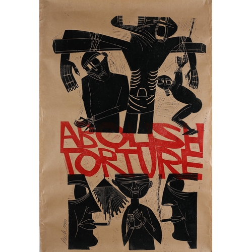 119 - By and After Paul Peter Piech American (1920-1996), Abolish Torture, two colour linocut on brown pap... 