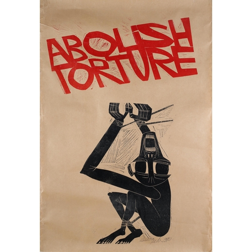 119 - By and After Paul Peter Piech American (1920-1996), Abolish Torture, two colour linocut on brown pap... 