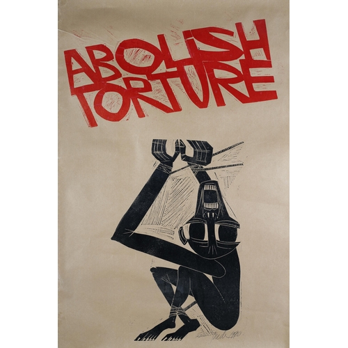 119 - By and After Paul Peter Piech American (1920-1996), Abolish Torture, two colour linocut on brown pap... 