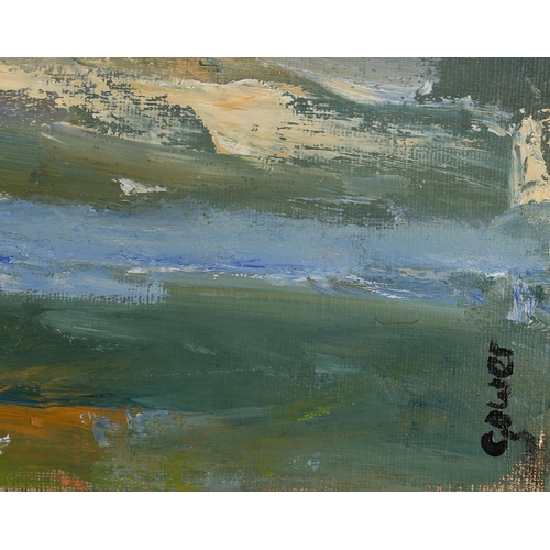 75 - Richard Gower (b 1962), Landscape at sunset, oil on canvas, signed to lower right, Myra Studio stamp... 