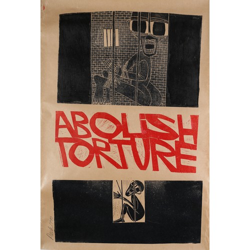 120 - By and After Paul Peter Piech American (1920-1996), Abolish Torture, two colour linocut on brown pap... 