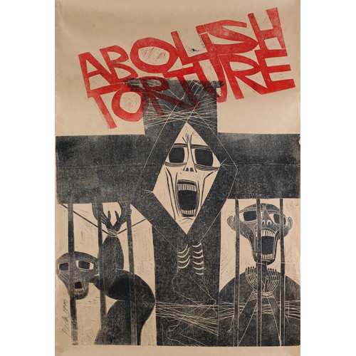 120 - By and After Paul Peter Piech American (1920-1996), Abolish Torture, two colour linocut on brown pap... 