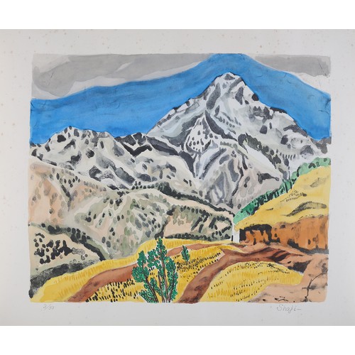 122 - Shoji Japanese 20th/21st century, Mountain landscape, colour print, no 3/30, numbered and signed in ... 