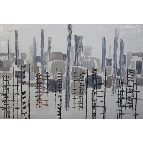 44 - ARR Druie Bowett (1924-1998), Industrial landscape, abstract, oil on canvas, incised signature and d... 