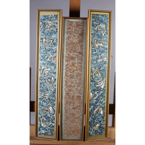 142 - Chinese embroideries: Three 19th century sleeve bands (Huan xiu) , Qing Dynasty to include a pair em... 