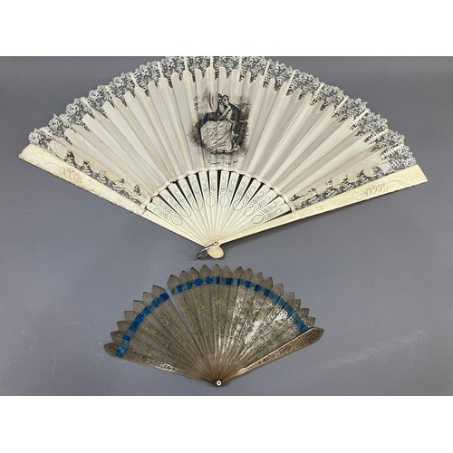 10 - C 1890’s, an unusual incised bone fan mounted with a leaf of cream silk, bordered with a floral mach... 