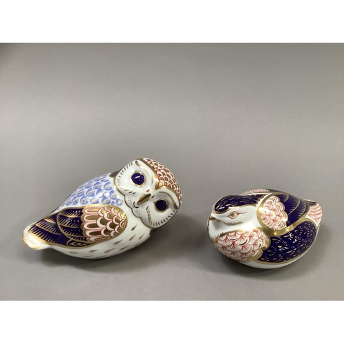 22 - A Royal Crown Derby paperweight owl with gilt button, 8cm high together with a tortoise (2)