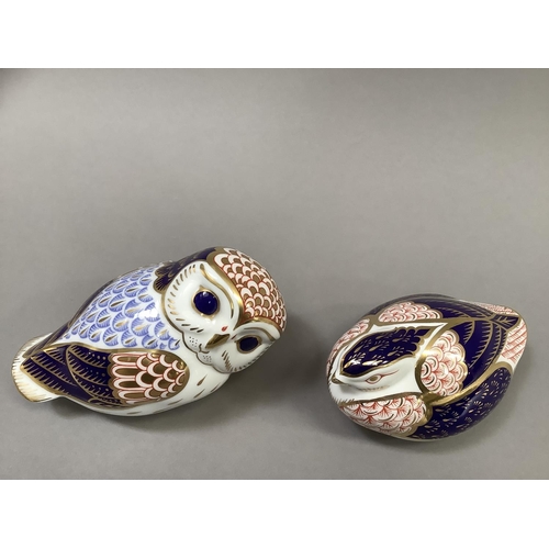 22 - A Royal Crown Derby paperweight owl with gilt button, 8cm high together with a tortoise (2)