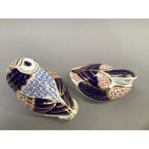 22 - A Royal Crown Derby paperweight owl with gilt button, 8cm high together with a tortoise (2)