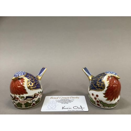 28 - Two Royal Crown Derby Christmas robins, one a pre-release edition of 250 exclusive to Goviers of Sid... 