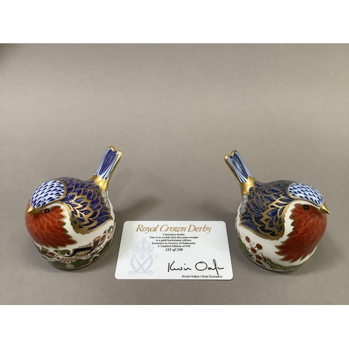 28 - Two Royal Crown Derby Christmas robins, one a pre-release edition of 250 exclusive to Goviers of Sid... 