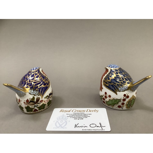 28 - Two Royal Crown Derby Christmas robins, one a pre-release edition of 250 exclusive to Goviers of Sid... 