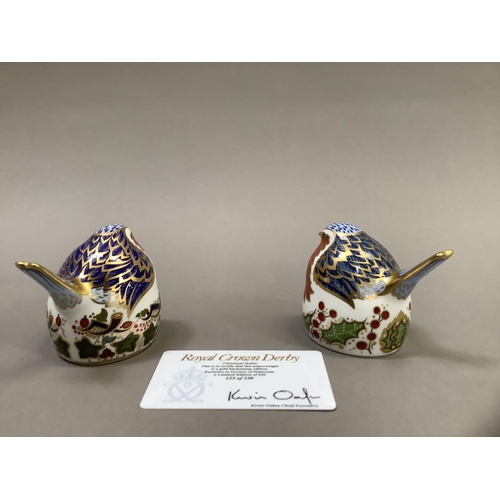 28 - Two Royal Crown Derby Christmas robins, one a pre-release edition of 250 exclusive to Goviers of Sid... 