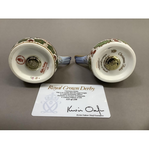 28 - Two Royal Crown Derby Christmas robins, one a pre-release edition of 250 exclusive to Goviers of Sid... 