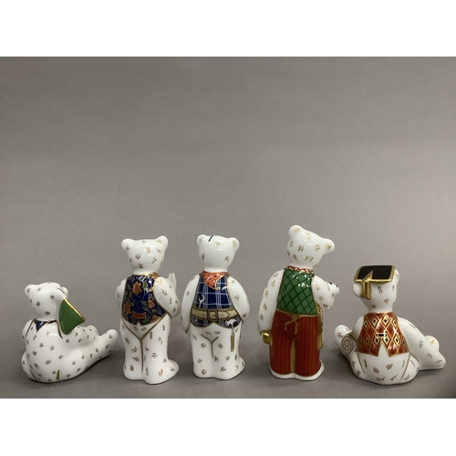 31 - A group of five Royal Crown Derby teddy bears including: artist, DIY bear, gardener, 'Gone Fishing' ... 