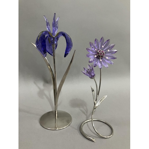 43 - Swarovski purple iris on metal stand together with purple daisy also on metal stand