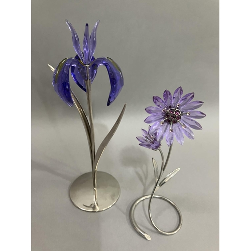 43 - Swarovski purple iris on metal stand together with purple daisy also on metal stand