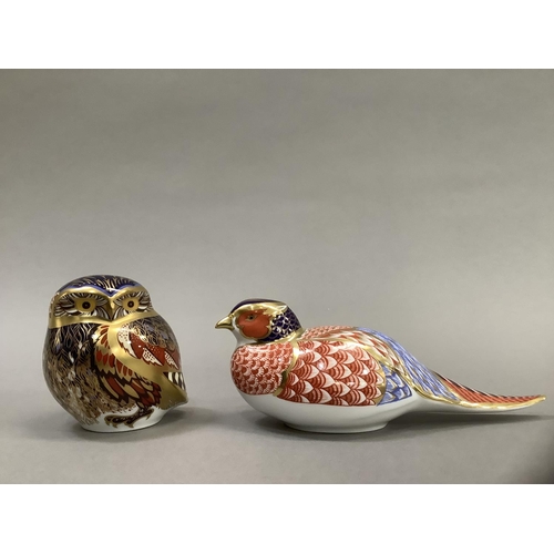 6 - A Royal Crown Derby owl and pheasant paperweight, gold button to one, 8cm and 6.5cm high