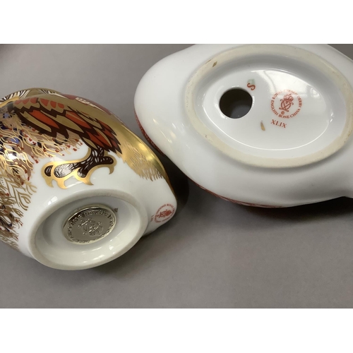 6 - A Royal Crown Derby owl and pheasant paperweight, gold button to one, 8cm and 6.5cm high