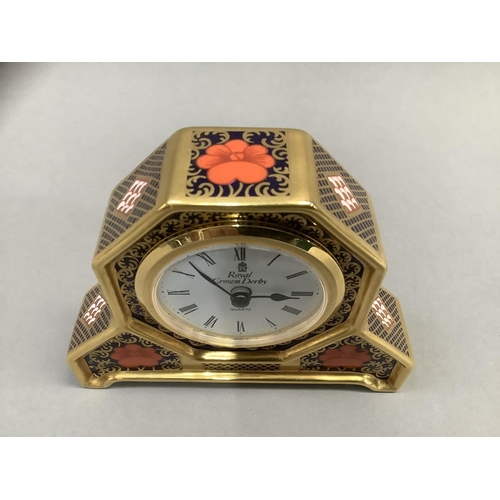 8 - A Royal Crown Derby mantle clock of old Imari pattern 1128 10.5cm high