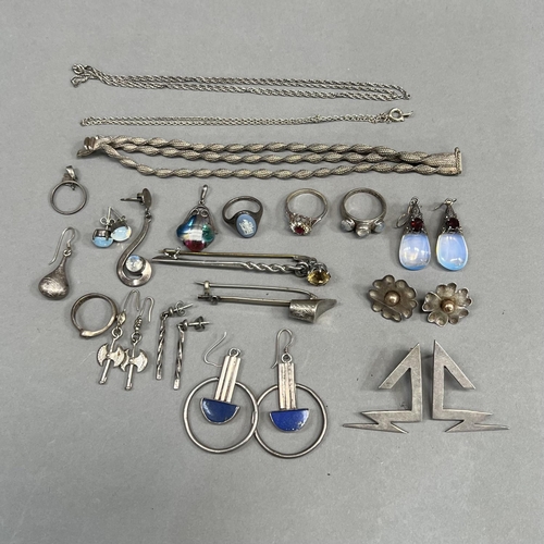 470 - A collection of silver jewellery including a bracelet, earrings, rings and brooches variously set wi... 