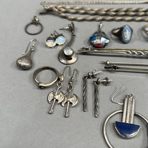 470 - A collection of silver jewellery including a bracelet, earrings, rings and brooches variously set wi... 