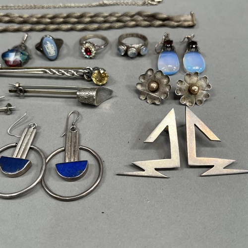 470 - A collection of silver jewellery including a bracelet, earrings, rings and brooches variously set wi... 