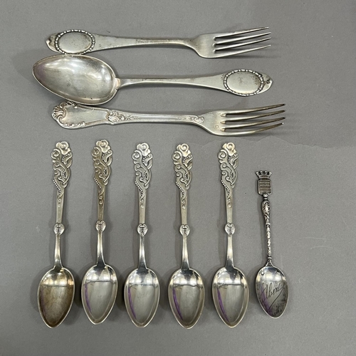 401 - A small collection of late 19th and early 20th century continental silver cutlery including five art... 