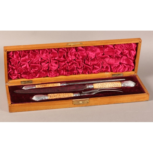 118 - A late Victorian silver mounted antler handle carving set by F T Depree, Silversmith, Exeter togethe... 