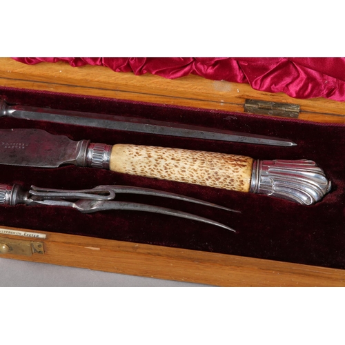 118 - A late Victorian silver mounted antler handle carving set by F T Depree, Silversmith, Exeter togethe... 