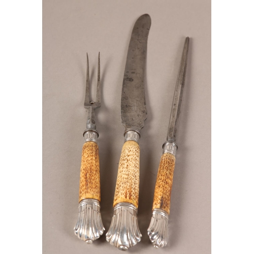 118 - A late Victorian silver mounted antler handle carving set by F T Depree, Silversmith, Exeter togethe... 