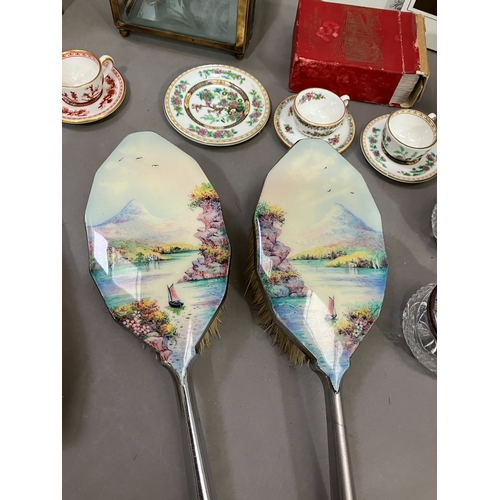 301 - A collection of enamel dressing table set decorated with continental scene, Jaegar scarves, vintage ... 