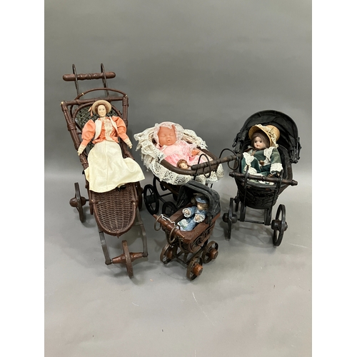 355 - Three Victorian style prams of graduated size together with a Victorian style child's open chair and... 