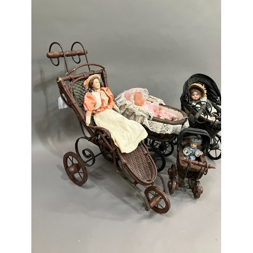 355 - Three Victorian style prams of graduated size together with a Victorian style child's open chair and... 