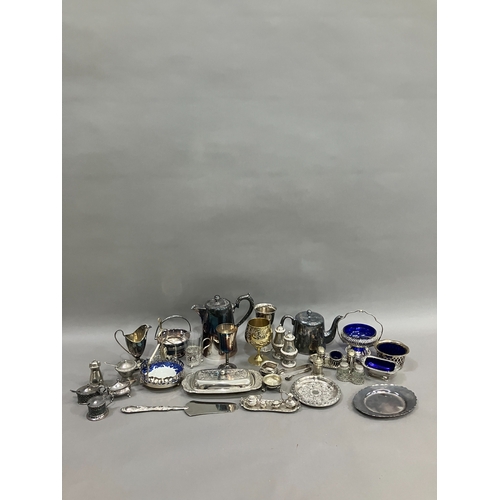 253 - A collection of silver plated ware including coffee pot, hot water pot, pierced basket with swing ha... 