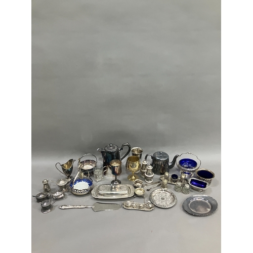 253 - A collection of silver plated ware including coffee pot, hot water pot, pierced basket with swing ha... 