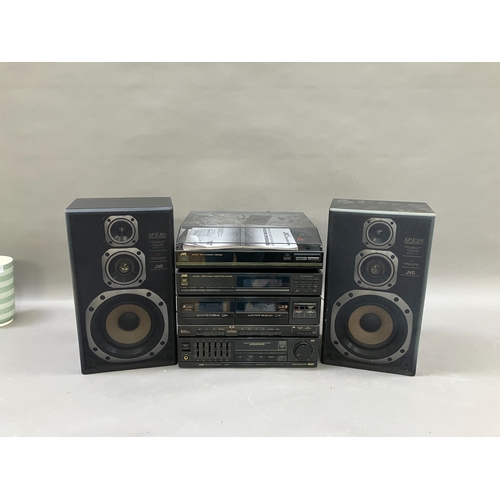 342 - A JVC stereo with double cassette deck, receiver, turntable and two speakers