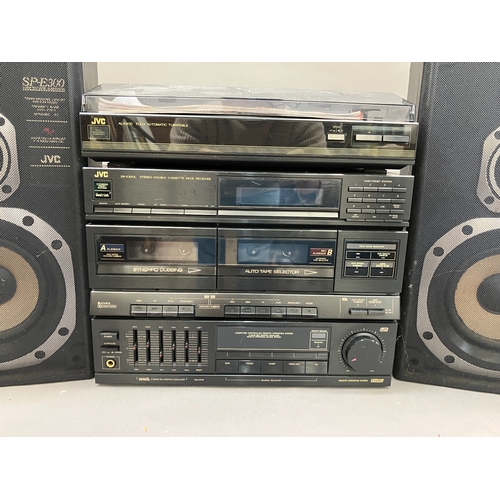 342 - A JVC stereo with double cassette deck, receiver, turntable and two speakers