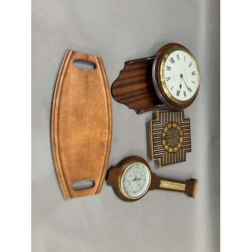 332 - A copper and oak galleried tray, mahogany wall clock, an oak barometer (at fault), a tile wall clock... 